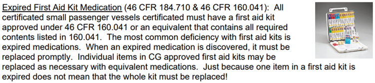 Expired first aid kit medication excerpt from the Small Passenger Vessel Top 10 deficiency report.