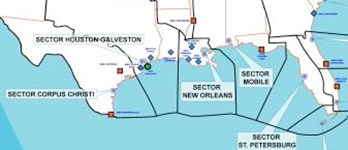 Map depicting the U.S. Coast Guard Sector boundaries in the Gulf of Mexico. Map depicting the U.S. Coast Guard Sector boundaries in the Gulf of Mexico.