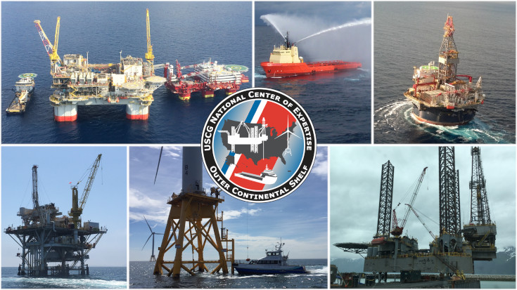 Photo collage with the OCSNCOE unit emblem and fixed and floating OCS facilities, offshore supply vessels, mobile offshore drilling units and the Block Island wind farm.