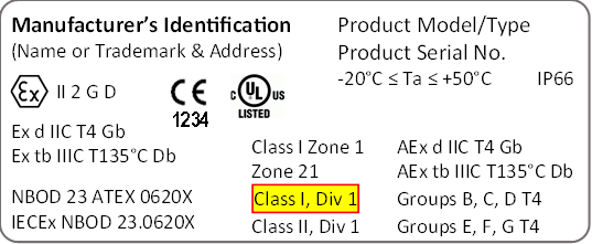 Equipment label with NFPA 70, Article 500 Class and Division markings indicated ("Class I, Div 1") Equipment label with NFPA 70, Article 500 Class and Division markings indicated ("Class I, Div 1")