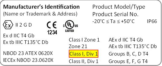 Equipment label with NFPA 70, Article 500 Class and Division markings indicated ("Class I, Div 1")