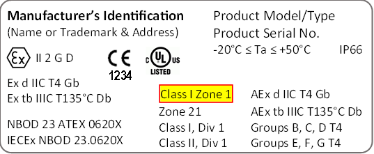 Equipment label with NFPA 70, Article 505 Class and Zone markings indicated ("Class I Zone 1") Equipment label with NFPA 70, Article 505 Class and Zone markings indicated ("Class I Zone 1")