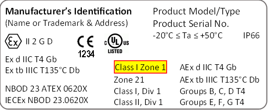 Equipment label with NFPA 70, Article 505 Class and Zone markings indicated ("Class I Zone 1")