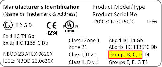 Equipment label with NFPA 70, Article 500 material groups indicated ("Groups B, C, D") Equipment label with NFPA 70, Article 500 material groups indicated ("Groups B, C, D")