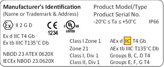 Equipment label with NFPA 70, Article 505 material groups indicated ("IIC") Equipment label with NFPA 70, Article 505 material groups indicated ("IIC")