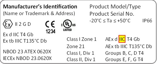 Equipment label with NFPA 70, Article 505 material groups indicated ("IIC")