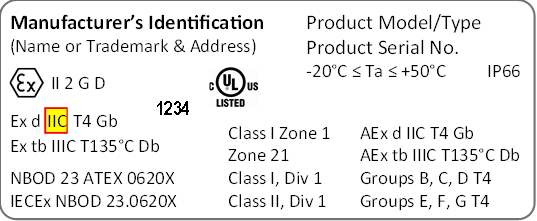 Equipment label with IEC 60079 material group indicated ("IIC") Equipment label with IEC 60079 material group indicated ("IIC")