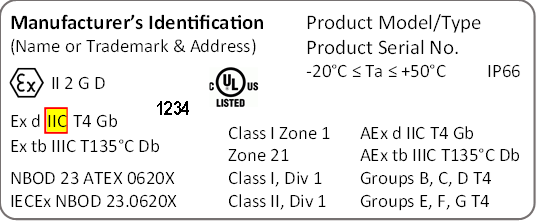 Equipment label with IEC 60079 material group indicated ("IIC")