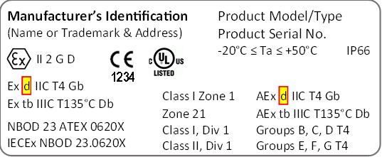 Equipment label with IEC 60079 and NFPA 70, Article 505 protection techniques indicated Equipment label with IEC 60079 and NFPA 70, Article 505 protection techniques indicated