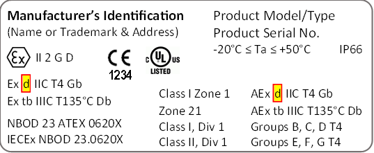 Equipment label with IEC 60079 and NFPA 70, Article 505 protection techniques indicated