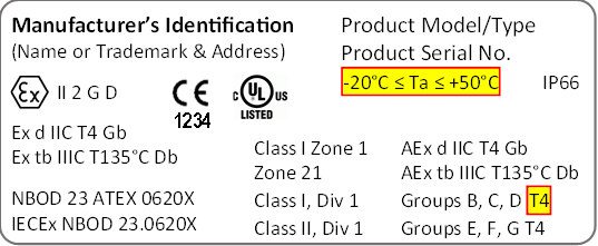 Equipment label with NFPA 70, Article 500 temperature class and ambient temperature range indicated