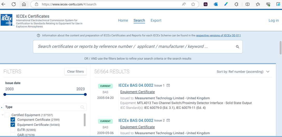 Image of www.iecex-certificates.com search screen (taken Sep2023) Image of www.iecex-certificates.com search screen (taken Sep2023)